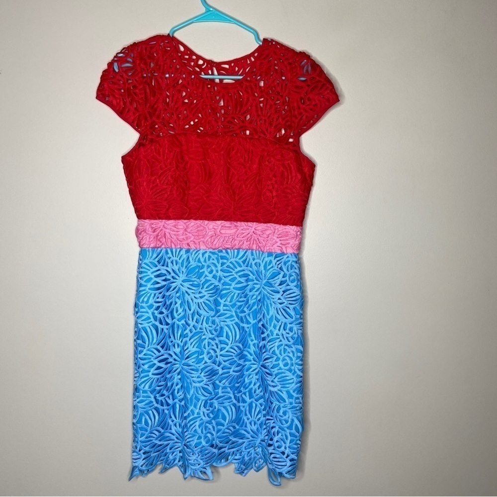 Milly Helen Cap Sleeve Laser Cut Detail Color Block Dress 8